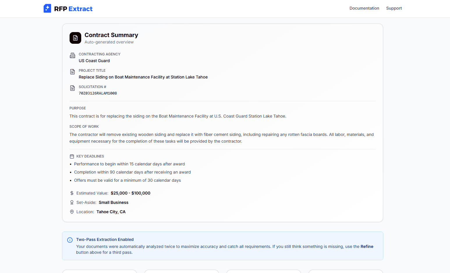 RFP Extract workflow showing requirement extraction to proposal generation